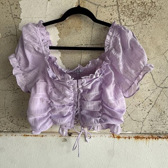 iris Tops - Lavender Ruched Peasant Crop Top Puff Sleeve Romantic Summer Blouse